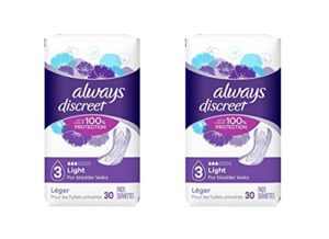 always discreet, incontinence light pads, 3 drops – 30 pads each (value pack of 2)