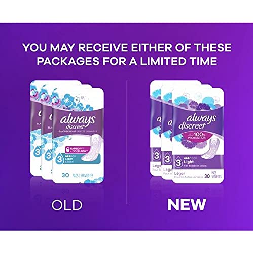 Always Discreet, Incontinence Light Pads, 3 Drops - 30 Pads each (Value Pack of 2)