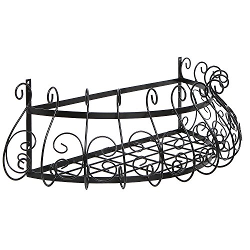 MyGift Wall-Mounted Black Metal Indoor Plant Box Basket with Scrollwork Design, Flower and Planter Pot Display Rack