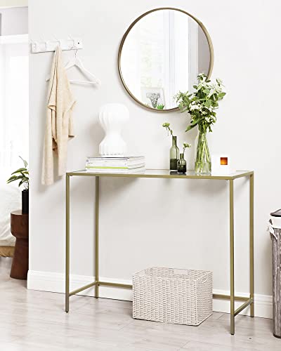 VASAGLE 39.4” Console Table, Tempered Glass Sofa Table, Modern Entryway Table, Metal Frame, Easy to Assemble, Adjustable Feet, for Living Room, Hallway, Gold Color ULGT26G