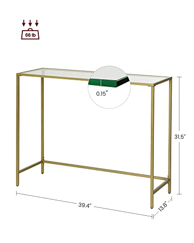 VASAGLE 39.4” Console Table, Tempered Glass Sofa Table, Modern Entryway Table, Metal Frame, Easy to Assemble, Adjustable Feet, for Living Room, Hallway, Gold Color ULGT26G
