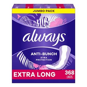 always anti-bunch xtra protection absorbency daily liners for women, extra long, unscented, 92 count x 4 packs (368 count total)