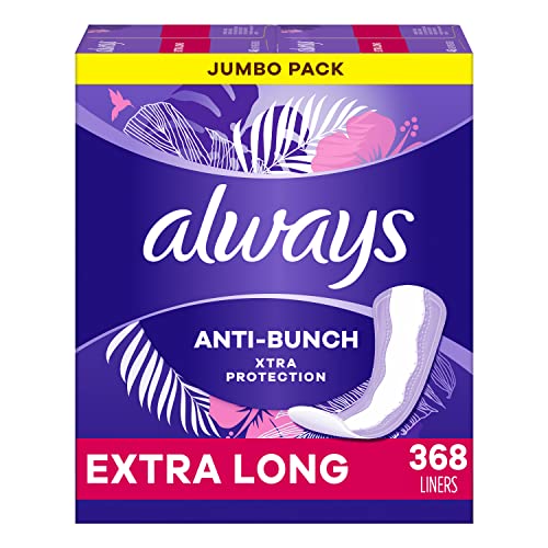 Always Anti-Bunch Xtra Protection Absorbency Daily Liners for Women, Extra Long, Unscented, 92 Count x 4 Packs (368 Count Total)