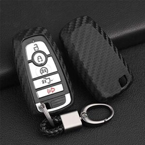 M.JVisun Soft Silicone Rubber Carbon Fiber Texture Cover Car Key Fob Case For Ford Ecosport Edge Escape Explorer F-150 Raptor F-250 F-350 F-450 F-550 Fusion Mondeo Mustang Ranger -Black-Weave Keychain