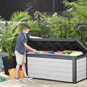 Keter Denali 150 Gallon Resin Large Deck Box-Organization and Storage for Patio Furniture, Outdoor Cushions, Garden Tools , Pool Toys, Grey & Black