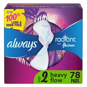 always radiant feminine pads for women, size 2 heavy flow absorbency, multipack, with flexfoam, with wings, light clean scent, 26 count x 3 packs (78 count total)