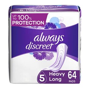 always discreet, incontinence & postpartum pads for women, size 5, heavy absorbency, long length, 32 count x 2 pack (64 count total)