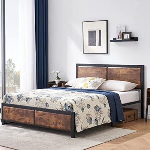 vecelo queen platform bed frame/mattress foundation with rustic vintage wood headboard, strong metal slats support, no box spring needed