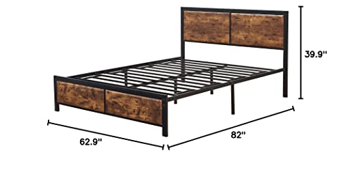 VECELO Queen Platform Bed Frame/Mattress Foundation with Rustic Vintage Wood Headboard, Strong Metal Slats Support, No Box Spring Needed