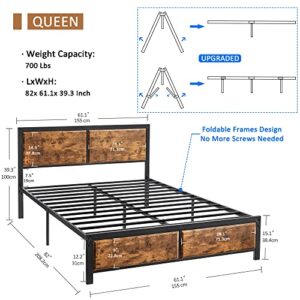 VECELO Queen Platform Bed Frame/Mattress Foundation with Rustic Vintage Wood Headboard, Strong Metal Slats Support, No Box Spring Needed