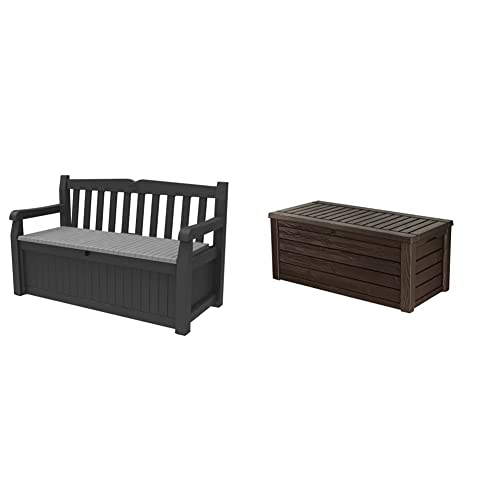 Keter Solana 70 Gallon Storage Bench Deck Box Grey & Westwood 150 Gallon Resin Large Deck Box-Organization and Storage for Patio Furniture Outdoor Cushions Garden Tools and Pool Toys Brown