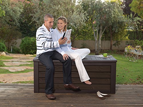 Keter Solana 70 Gallon Storage Bench Deck Box Grey & Westwood 150 Gallon Resin Large Deck Box-Organization and Storage for Patio Furniture Outdoor Cushions Garden Tools and Pool Toys Brown
