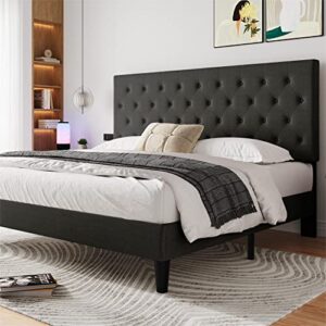 hoomic queen bed frame with adjustable diamond tufted headboard / fabric upholstered platform bed frame / mattress foundation / wooden slats / no box spring needed / easy assembly, dark grey