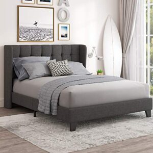 einfach queen upholstered wingback platform bed frame with headboard/mattress foundation with wood slat support and square stitched headboard/no box spring needed/easy assembly, dark grey