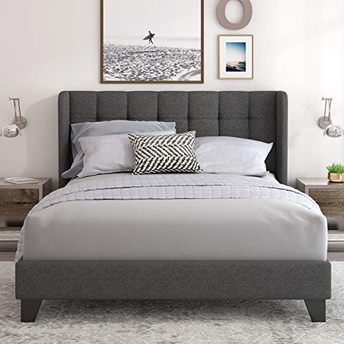 Einfach Queen Upholstered Wingback Platform Bed Frame with Headboard/Mattress Foundation with Wood Slat Support and Square Stitched Headboard/No Box Spring Needed/Easy Assembly, Dark Grey