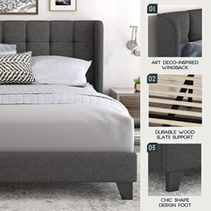 Einfach Queen Upholstered Wingback Platform Bed Frame with Headboard/Mattress Foundation with Wood Slat Support and Square Stitched Headboard/No Box Spring Needed/Easy Assembly, Dark Grey