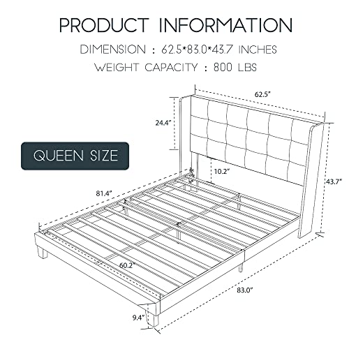 Einfach Queen Upholstered Wingback Platform Bed Frame with Headboard/Mattress Foundation with Wood Slat Support and Square Stitched Headboard/No Box Spring Needed/Easy Assembly, Dark Grey