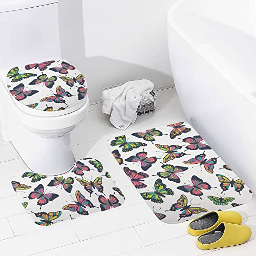 My Little Nest Bathroom Rugs Mats Set 3 Piece Butterflies Pattern Abstract Washable Non Slip U-Shaped Contour Rug Mat and Lid Cover for Bathroom Tub