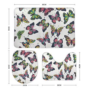 My Little Nest Bathroom Rugs Mats Set 3 Piece Butterflies Pattern Abstract Washable Non Slip U-Shaped Contour Rug Mat and Lid Cover for Bathroom Tub