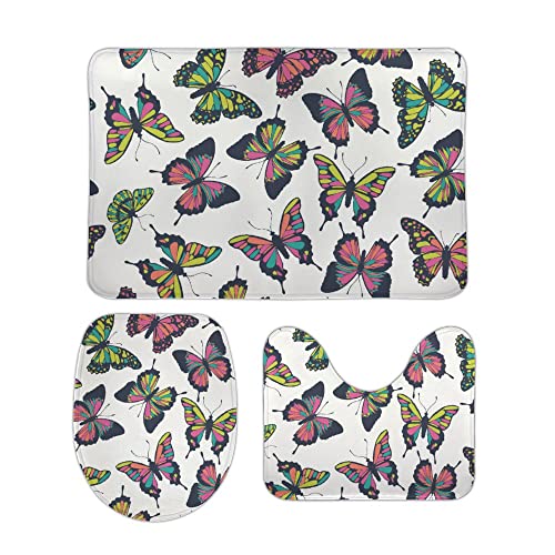 My Little Nest Bathroom Rugs Mats Set 3 Piece Butterflies Pattern Abstract Washable Non Slip U-Shaped Contour Rug Mat and Lid Cover for Bathroom Tub