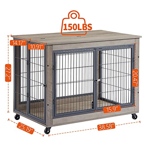 IchbinGo Dog Crate Furniture, Wooden Dog Crate Table, 38.5" Dog Kennel with 3 Doors, Flip-up Top Opening and Wheels, Decorative Pet Crate Dog House for Large/Medium/Small Dog Indoor Use (Rustic Grey)