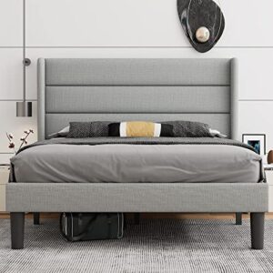 ipormis queen upholstered bed frame with wingback, platform bed frame with storage headboard, wood slats support, no box spring needed, noise-free, easy assembly, light gray