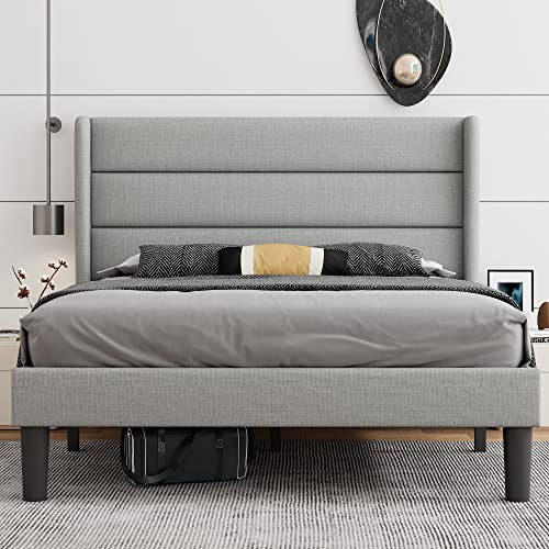 iPormis Queen Upholstered Bed Frame with Wingback, Platform Bed Frame with Storage Headboard, Wood Slats Support, No Box Spring Needed, Noise-Free, Easy Assembly, Light Gray