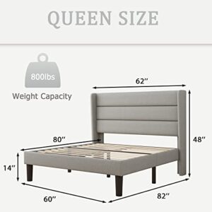 iPormis Queen Upholstered Bed Frame with Wingback, Platform Bed Frame with Storage Headboard, Wood Slats Support, No Box Spring Needed, Noise-Free, Easy Assembly, Light Gray