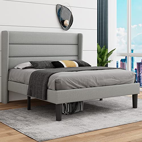 iPormis Queen Upholstered Bed Frame with Wingback, Platform Bed Frame with Storage Headboard, Wood Slats Support, No Box Spring Needed, Noise-Free, Easy Assembly, Light Gray