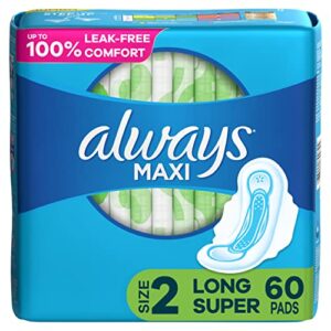 always maxi feminine pads for women, size 2 long super absorbency, with wings, unscented, 60 count