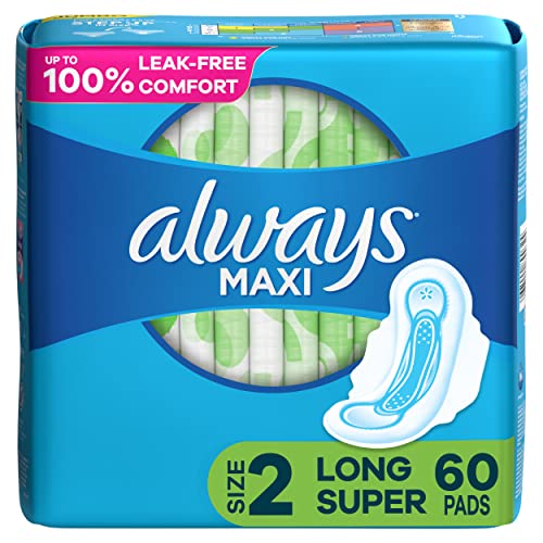 Always Maxi Feminine Pads For Women, Size 2 Long Super Absorbency, With Wings, Unscented, 60 Count