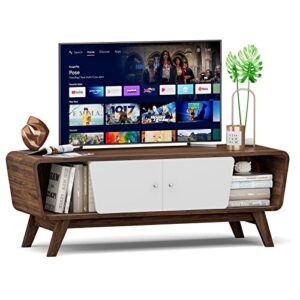 tangkula sliding door tv stand for tvs up to 55 inch, media console table with adjustable shelf & 2 storage cabinets, modern entertainment center, wooden tv cabinet for living room (walnut)