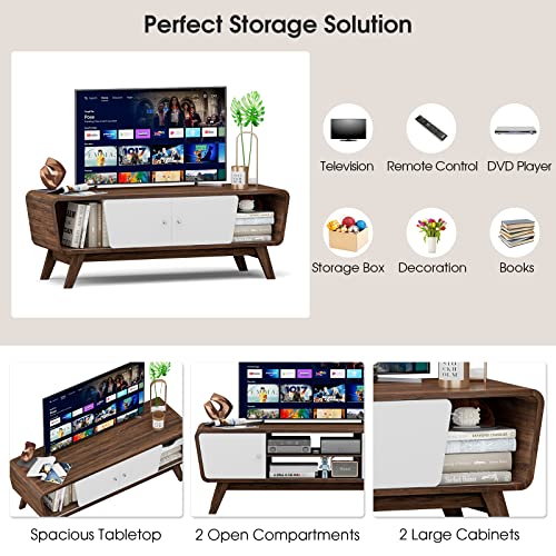 Tangkula Sliding Door TV Stand for TVs up to 55 Inch, Media Console Table with Adjustable Shelf & 2 Storage Cabinets, Modern Entertainment Center, Wooden TV Cabinet for Living Room (Walnut)