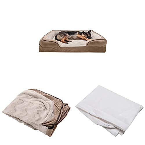 Furhaven Pet Bundle - Jumbo Plus Brownstone Memory Foam Plush & Velvet Waves Perfect Comfort Sofa, Extra Dog Bed Cover, & Water-Resistant Mattress Liner for Dogs & Cats