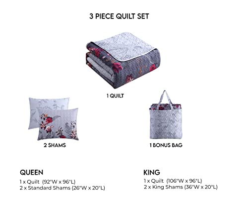 Bebejan Nicole 3 Piece Reversible Gray Ombre Quilt Set, 100% Cotton, 230 Thread Count, Red, Blue Floral Bedspread Print Pattern, Lightweight, Soft, Luxury, 1 Quilt, 2 Shams (Queen)