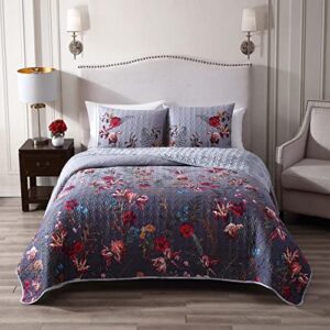 bebejan nicole 3 piece reversible gray ombre quilt set, 100% cotton, 230 thread count, red, blue floral bedspread print pattern, lightweight, soft, luxury, 1 quilt, 2 shams (queen)