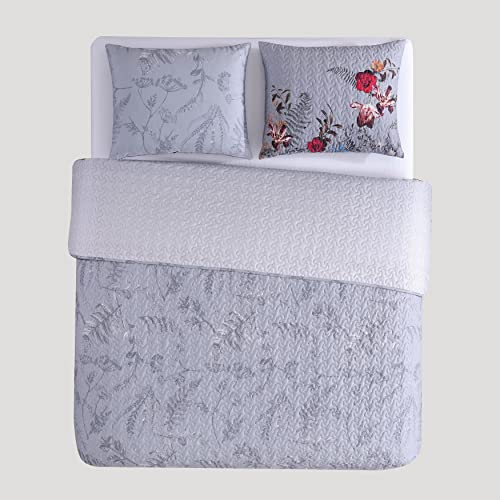 Bebejan Nicole 3 Piece Reversible Gray Ombre Quilt Set, 100% Cotton, 230 Thread Count, Red, Blue Floral Bedspread Print Pattern, Lightweight, Soft, Luxury, 1 Quilt, 2 Shams (Queen)