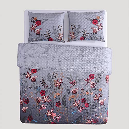 Bebejan Nicole 3 Piece Reversible Gray Ombre Quilt Set, 100% Cotton, 230 Thread Count, Red, Blue Floral Bedspread Print Pattern, Lightweight, Soft, Luxury, 1 Quilt, 2 Shams (Queen)