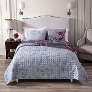 Bebejan Nicole 3 Piece Reversible Gray Ombre Quilt Set, 100% Cotton, 230 Thread Count, Red, Blue Floral Bedspread Print Pattern, Lightweight, Soft, Luxury, 1 Quilt, 2 Shams (Queen)