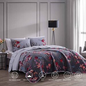 Bebejan Nicole 3 Piece Reversible Gray Ombre Quilt Set, 100% Cotton, 230 Thread Count, Red, Blue Floral Bedspread Print Pattern, Lightweight, Soft, Luxury, 1 Quilt, 2 Shams (Queen)