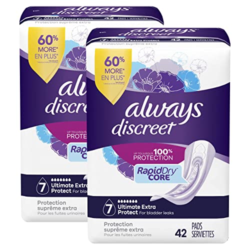 Always Discreet Ultimate Extra Protection Incontinence & Postpartum Pads with Rapid Dry, 42 Count x Pack of 2 (84 Count Total)