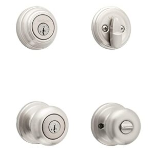 kwikset juno keyed entry door knob and single cylinder deadbolt combo pack with microban antimicrobial protection featuring smartkey security in satin nickel