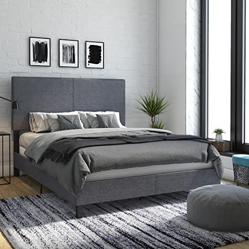 DHP Janford Upholstered Platform Bed with Modern Vertical Stitching on Rectangular Headboard, Queen, Gray Linen