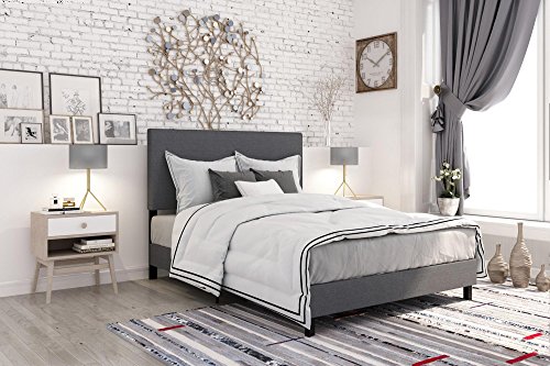 DHP Janford Upholstered Platform Bed with Modern Vertical Stitching on Rectangular Headboard, Queen, Gray Linen