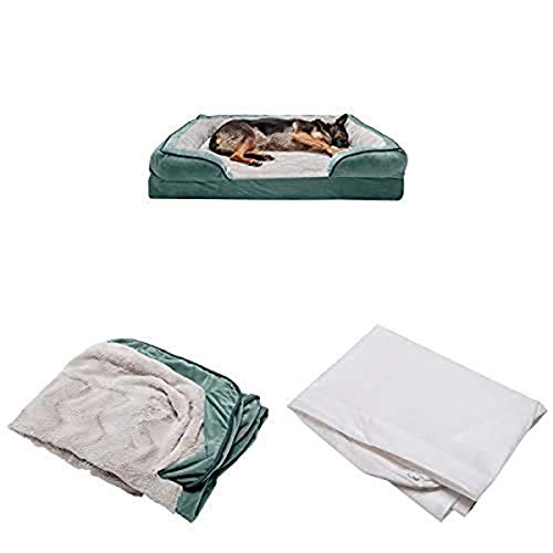 Furhaven Pet Bundle - Jumbo Plus Celadon Green Memory Foam Plush & Velvet Waves Perfect Comfort Sofa, Extra Dog Bed Cover, & Water-Resistant Mattress Liner for Dogs & Cats