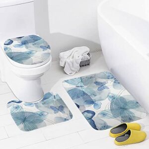 My Little Nest 3 Piece Bath Rugs Mat Set Abstract Vintage Blue Butterflies Soft Foam Bath Mat Non Slip Bathroom Rugs Washable Contour Mat and Lid Cover