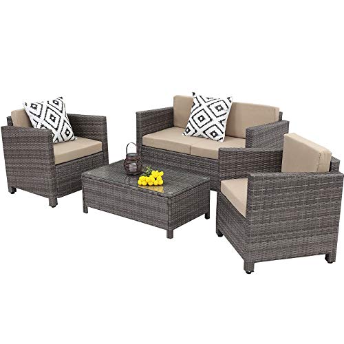 Wisteria Lane Patio Furniture Set, 4 Piece Outdoor Conversation Sets, Wicker Sofa Set with Cushion for Garden Deck Porch (Grey)