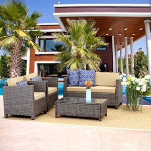 Wisteria Lane Patio Furniture Set, 4 Piece Outdoor Conversation Sets, Wicker Sofa Set with Cushion for Garden Deck Porch (Grey)