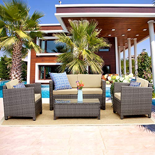 Wisteria Lane Patio Furniture Set, 4 Piece Outdoor Conversation Sets, Wicker Sofa Set with Cushion for Garden Deck Porch (Grey)