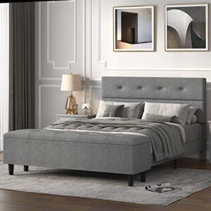 allewie queen bed frame with 120l ottoman storage, upholstered platform bed frame with mattress foundation, wood slat support, no box spring needed, grey